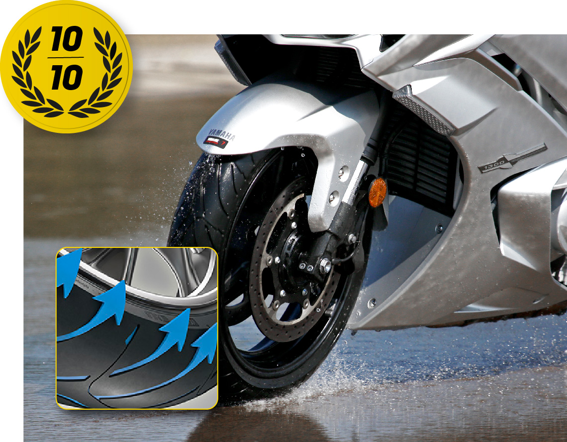 El neumático RoadSmart III de Dunlop en una Yamaha FJR1300, un 10/10 en maniobrabilidad sobre mojado