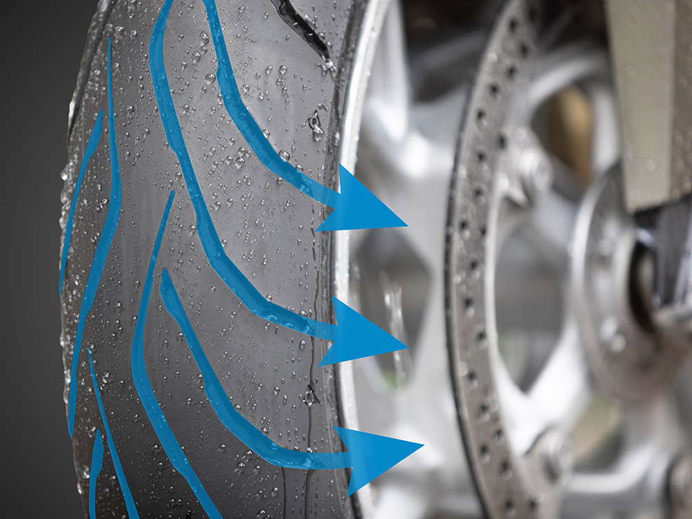 Primer plano del neumático delantero Dunlop RoadSmart IV que muestra la evacuación del agua