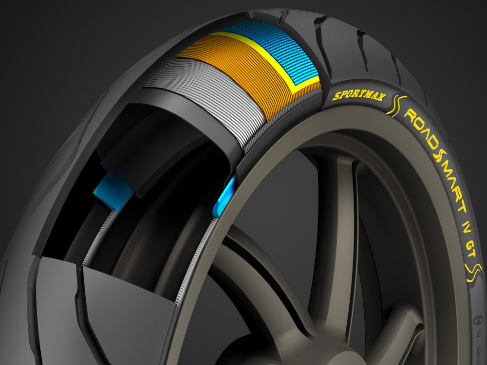 Sección transversal de primer plano del neumático delantero Roadsmart IV que muestra la construcción de un solo cable JLB